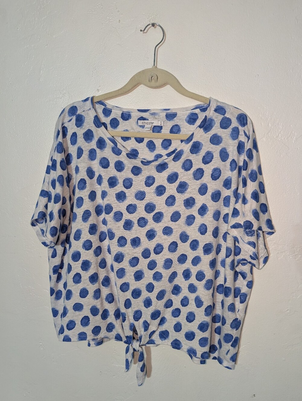 100% Linen Oversized Chico's Polka Dot Tie-Hem Natural Fibers Knit Boxy Top 3 Lg